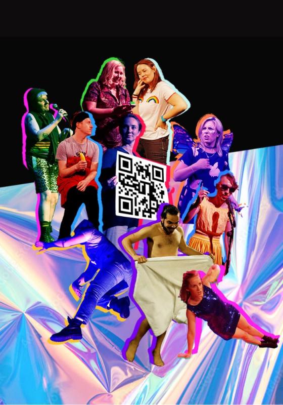 A collage of performers moving in front of iridescent background