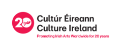 to the left of the image is a red circle with the number 20 cut out of it. Beside the circle is the words "Cultúr Éireann" the Irish for Culture Ireland in simple black lettering, underneath is the English spelling "Culture Ireland" in the same black simple lettering. Beneath that again in a smaller red font, the same colour as the circle, are the words "Permoting Irish Arts Worldwide for 20 years" font
