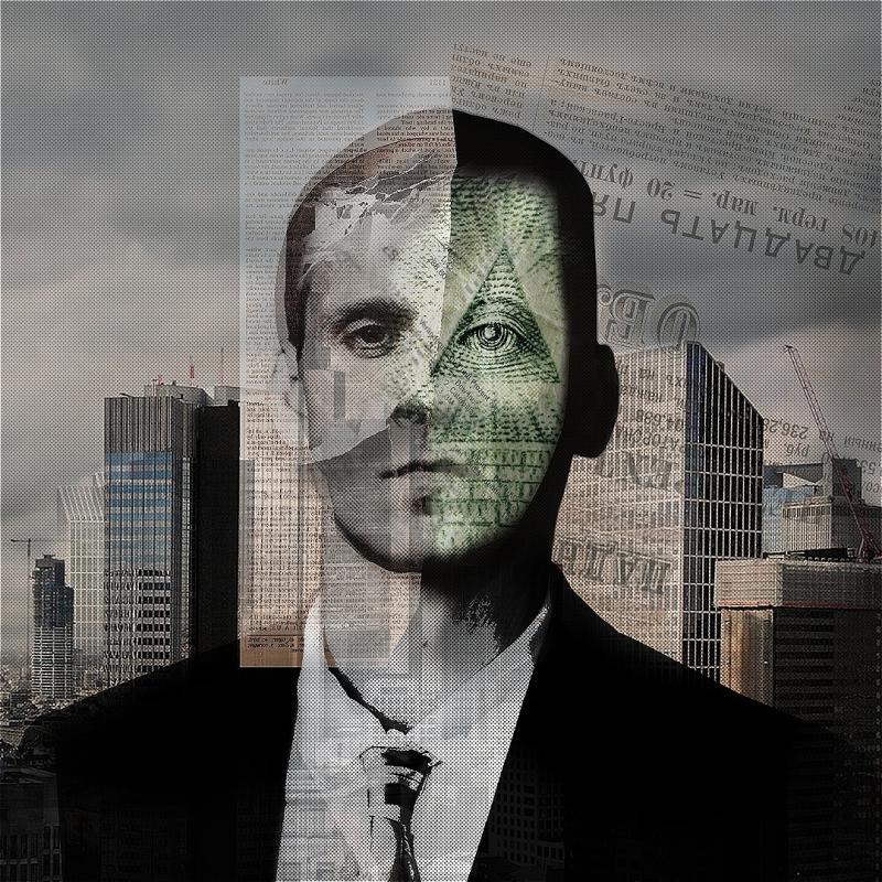 Headshot of a man in a suit against the Wall Street skyline with secret headlines and faded newspaper snippets splashed across the image.