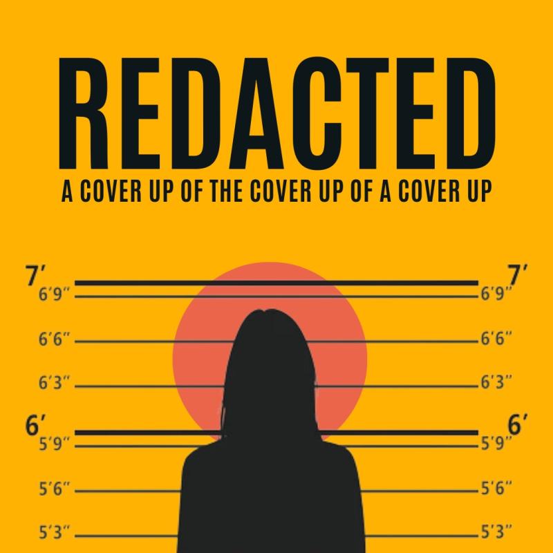 A black silhouette of a long-haired person, against a yellow background. Their head is haloed by an orange circle. Behind them is a scale denoting height, as might be found on a police line-up. They seem to be six foot eight. Above, in bold black lettering, the title of the play.
