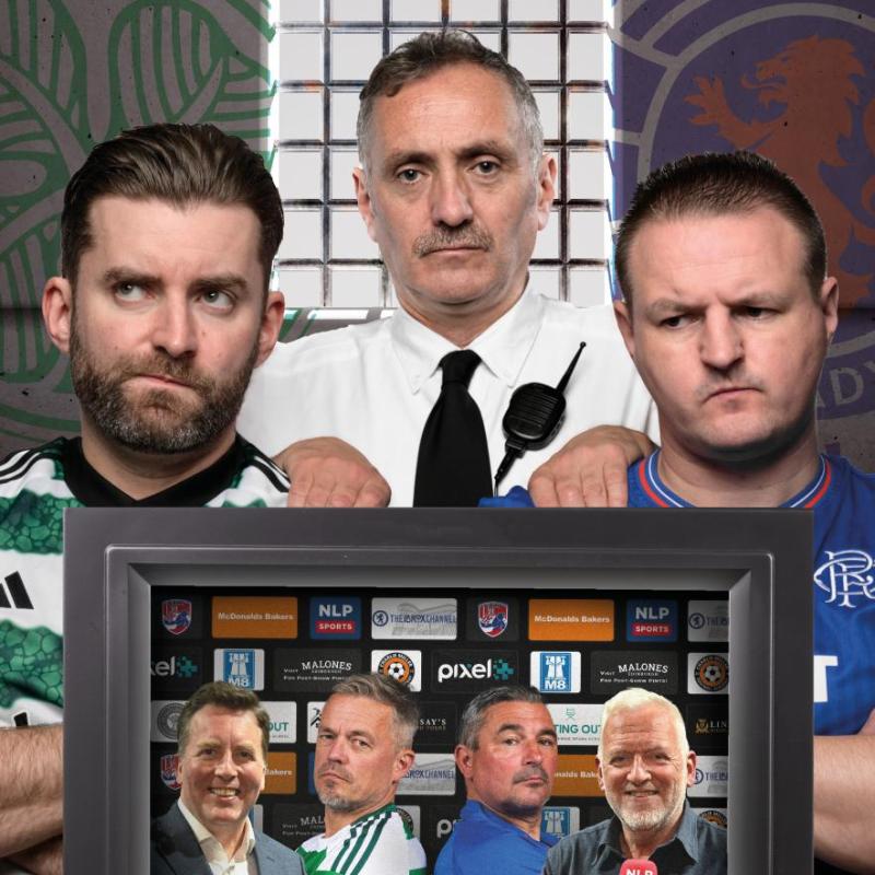 Two men, one wearing a green shirt and another wearing a blue shirt, stand before a man wearing a white shirt and a black tie,in front of them a TV showcasing two men wearing the same shirts between two sportscasters