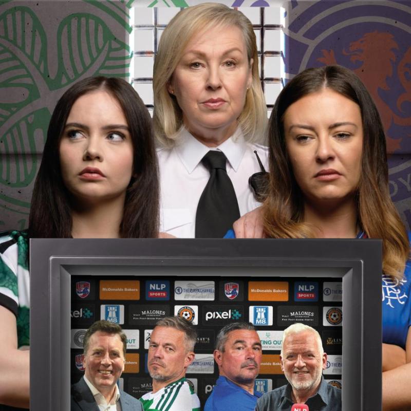 Two women, one wearing a green shirt and another wearing a blue shirt, stand before a woman wearing a white shirt and a black tie,in front of them a TV showcasing two men wearing the same shirts between two sportscasters