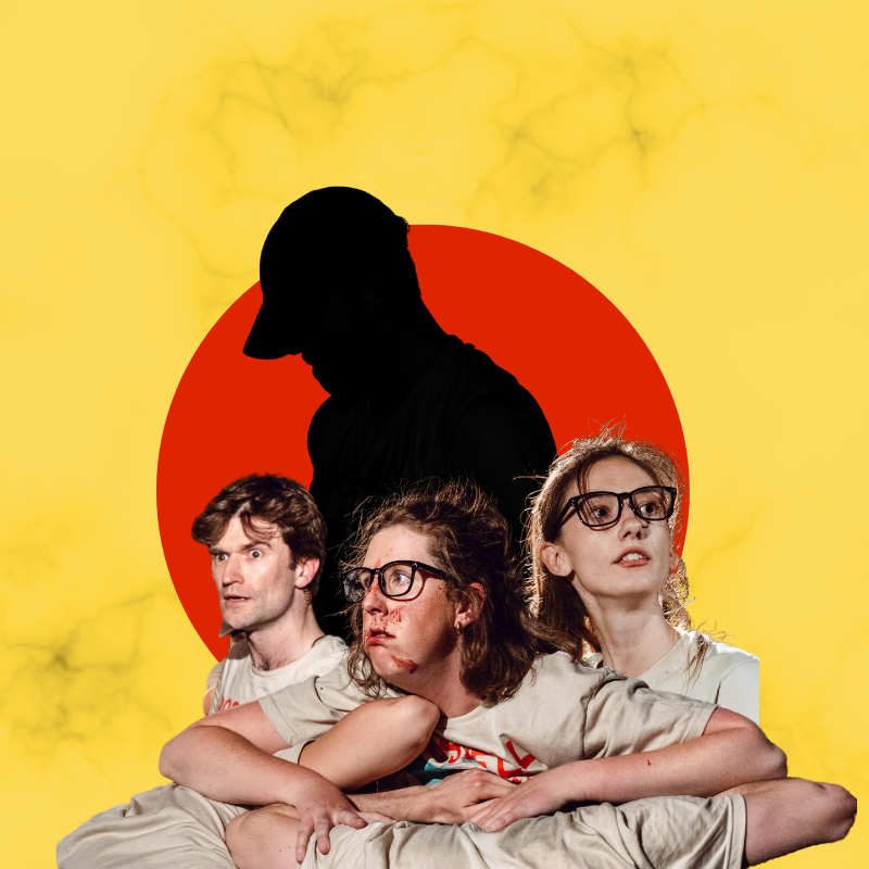 Three performers dressed in white stand before a silhouette pf a man wearing a cap surrounded by a red spotlight, yellow background
