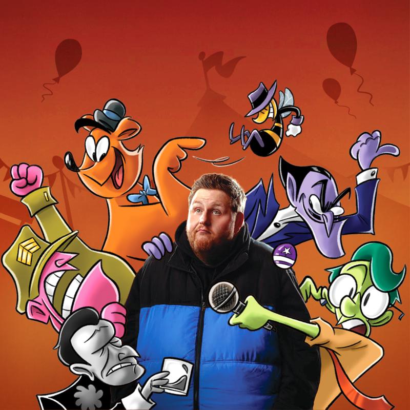 The performer in a large puffer coat surrounded by cartoon characters