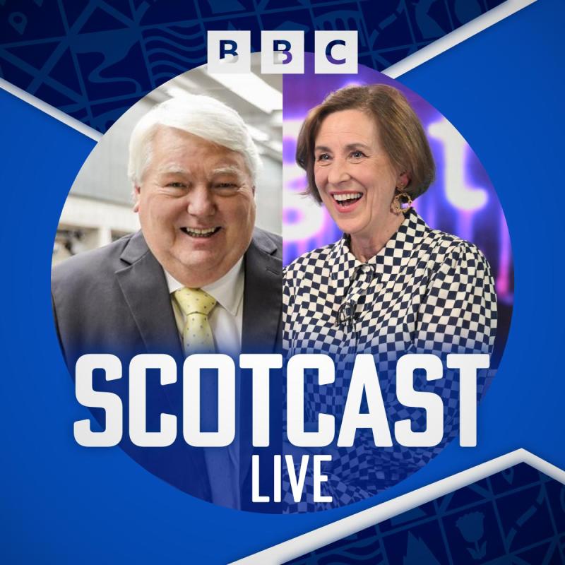 Split image of both presenters behind the Scotcast Live logo