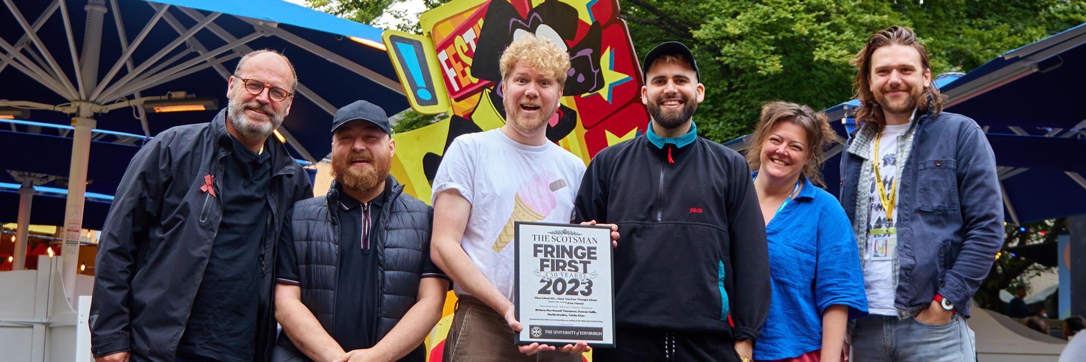 Fringe First 2024 winners, CHOO CHOO! stand in the Pleasance Courtyard flanked by Anthony Alderson (Director of Pleasance) and Jonny Patten, Programmer & Producer.