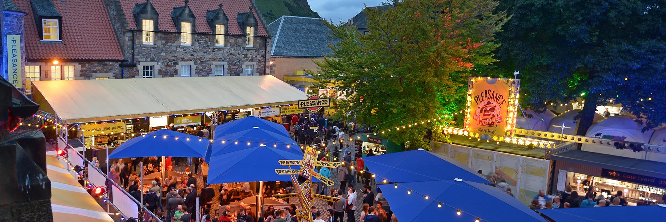 A picture of the busy courtyard at dusk from above