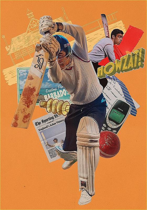 Collage featuring a cricket batsman in action, surrounded by various cut-out elements like a cell phone, red cricket ball, newspaper excerpts, and graphics including the text "Howzat!" against an orange background.