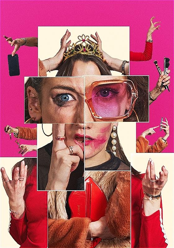 Collage of a woman with multiple hands interacting around her, featuring images of her wearing a crown, applying makeup, and holding various items like a phone and makeup brushes, against a bright pink background.