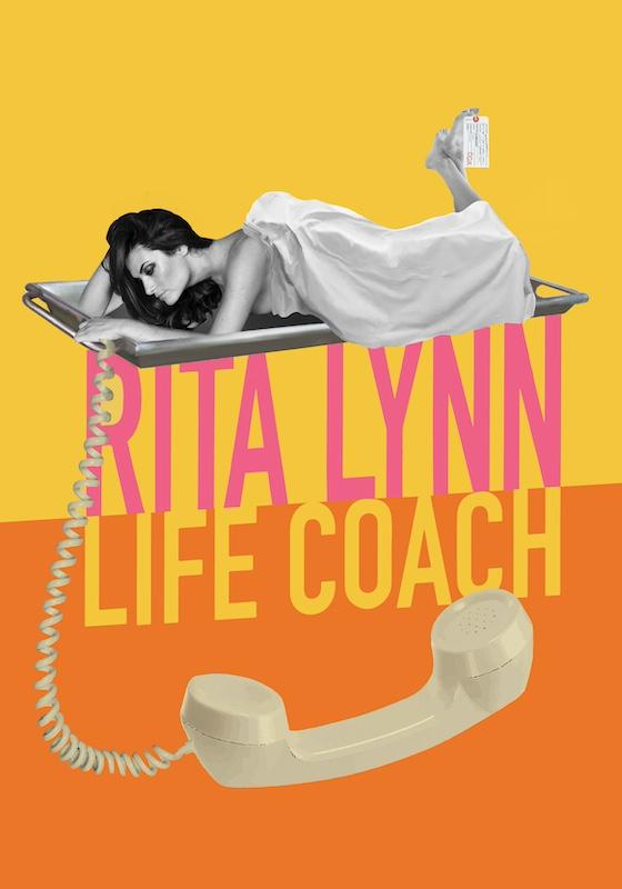 Image of a woman lying on a bunk bed with "Rita Lynn Life Coach" written in large letters over a yellow and orange background, with a corded phone in the foreground.