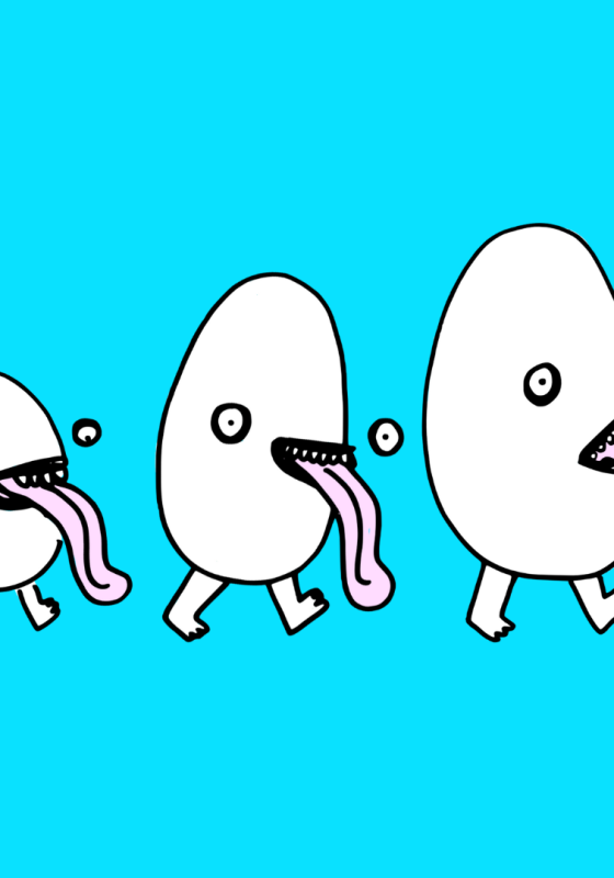 Three eggs with tongues out walking in a line. A playful and adorable image of eggs showing their mischievous side.
