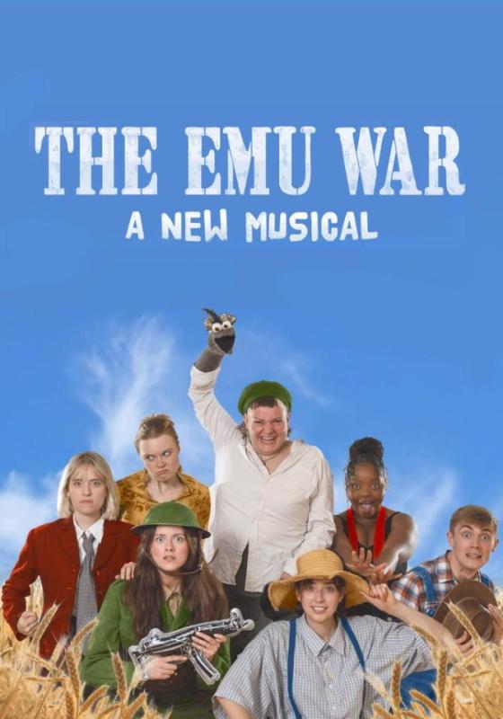 the cast among some tall grass, one with an emu puppet on their hand