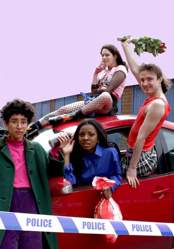 Four people bursting out of a red car, all with a bemused expression