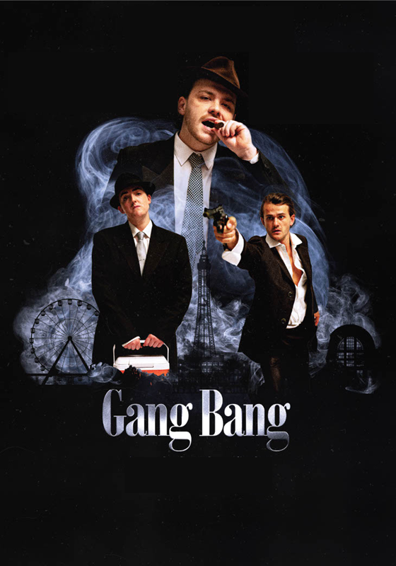 Graphic collage with figures in suits, a gun, and landmarks within smoke swirls above "Gang Bang" text.