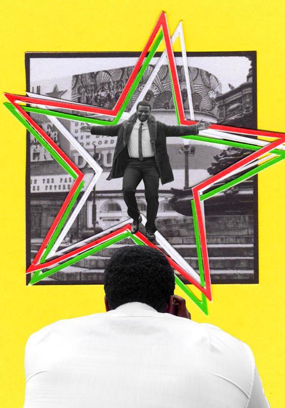 A person in a suit balances on a star amid collage elements on a yellow background.