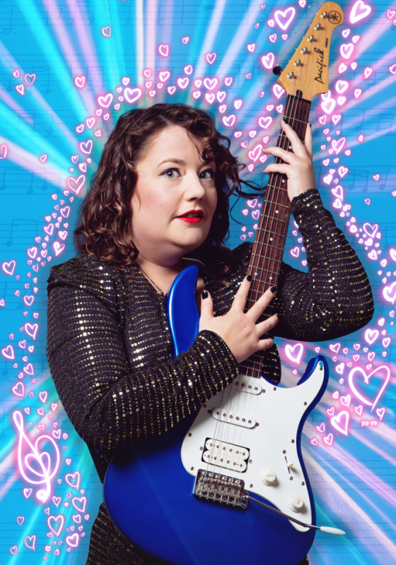 Person in a sequin jacket playing a white electric guitar with musical notes and hearts background.