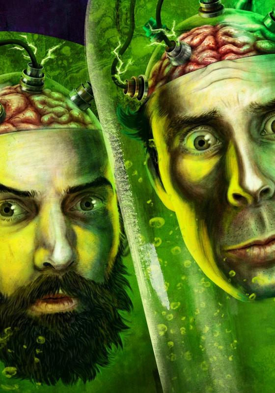 Illustrated portrait of two men with exposed brains and attached cables, depicting a surreal and science fiction theme with a green color scheme.