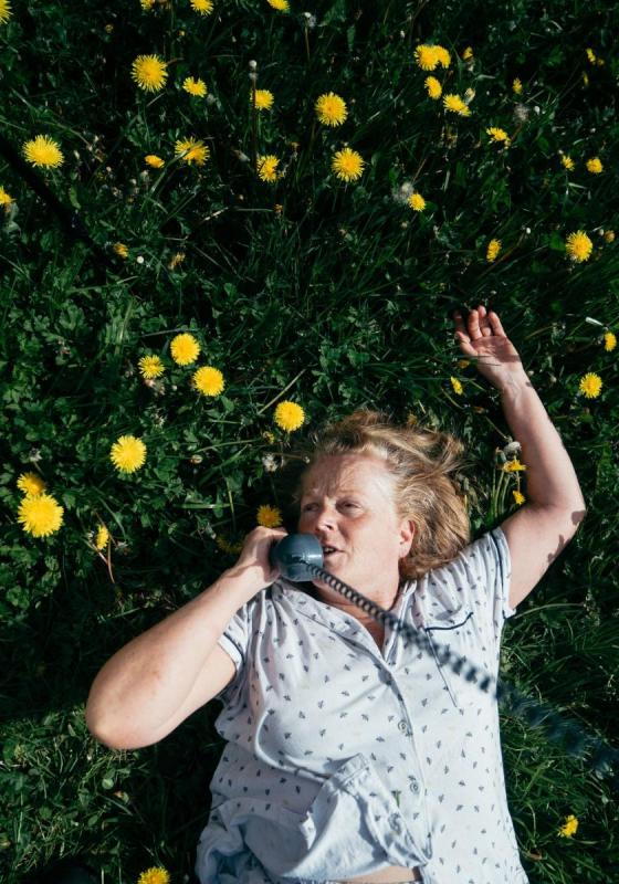 Person lying in a field of grass and dandelions, holding a phone.