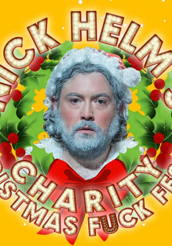 Nick Helm wearing a Father Christmas hat and dyed grey beard and hair which looks frosty. He is surrounded by a Christmas wreath  with the show title wrapped around it.