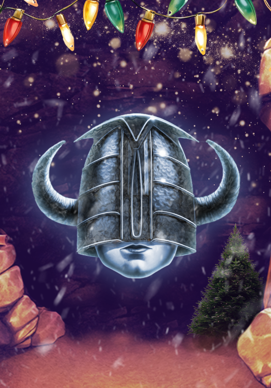 A festive image with a knight's head obscured by their helmet.