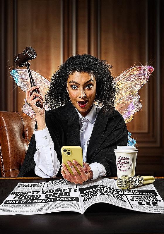 A fairy in a judge's outfit with a gavel in their hand looks with surprise into the camera. They are holding a yellow smartphone in their other hand. On their desk is a gold microphone, a coffee mug and a newspaper. 