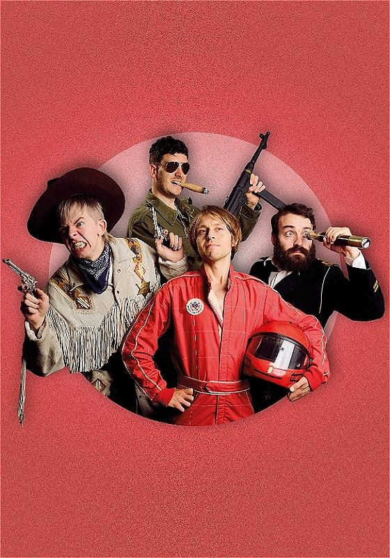 Four people stand in a circle. One is wearing a red motorbike suit, one is a cowboy with a gun, one is in an aviators jumpsuit, glasses and has a rifle, and the fourth is a sea captain with a telescope to their eye. 