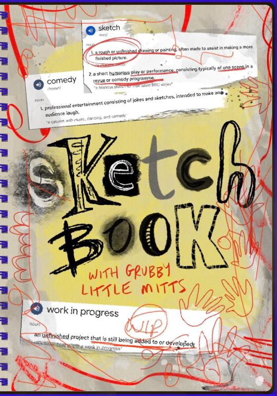 A sketch book with various definitions and scribbles dotted around the show title.