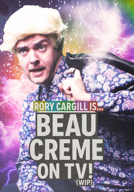 Rory in a blonde wig a printed shift with galaxy print and rainbows in the background.