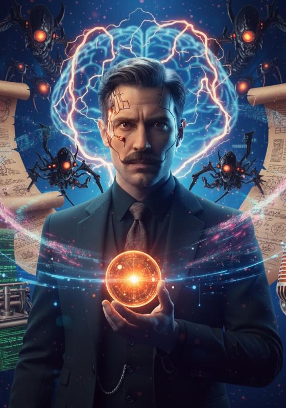 AI image with a man holding an orb and lights swirling around