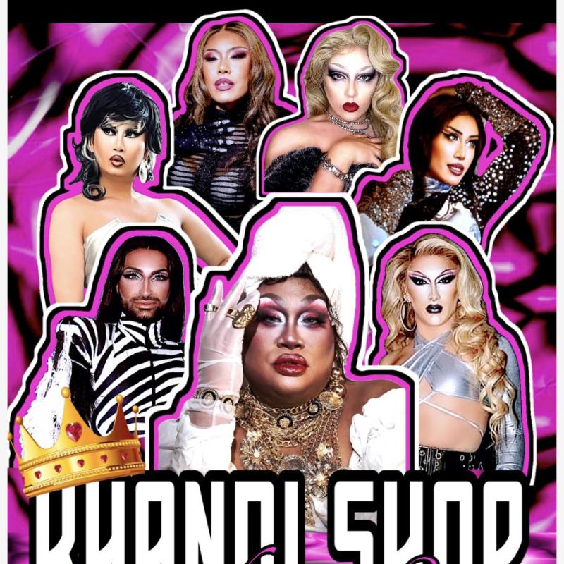 Mahatma looks at the camers surrounded bu other drag queens. They are all posing and superimposed on a pink and black background. There is white text saying "KHANDI SHOP" and pink text underneath saying "Queendom Edition".