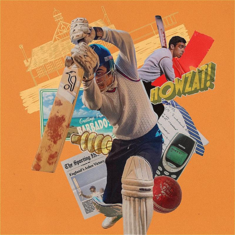 Collage featuring a cricket batsman in action, surrounded by various cut-out elements like a cell phone, red cricket ball, newspaper excerpts, and graphics including the text "Howzat!" against an orange background.