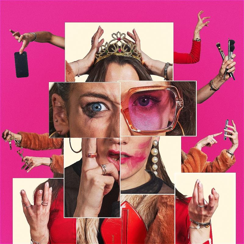 Collage of a woman with multiple hands interacting around her, featuring images of her wearing a crown, applying makeup, and holding various items like a phone and makeup brushes, against a bright pink background.