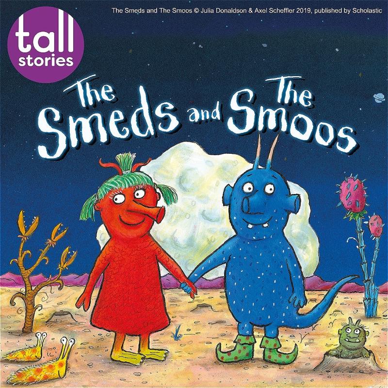 Book cover illustration of "The Smeds and The Smoos" featuring two cartoon-style characters: one red with wild green hair, in a red dress; the other, blue with two antennae, wearing green shoes. They hold hands under a moonlit sky with whimsical plant life and a small green creature nearby. Text displaying the title and authors floats above.
