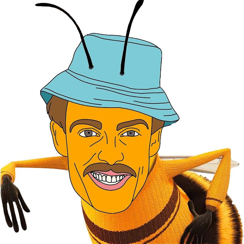 1. A cartoon human-faced bee wearing a hat on its head.