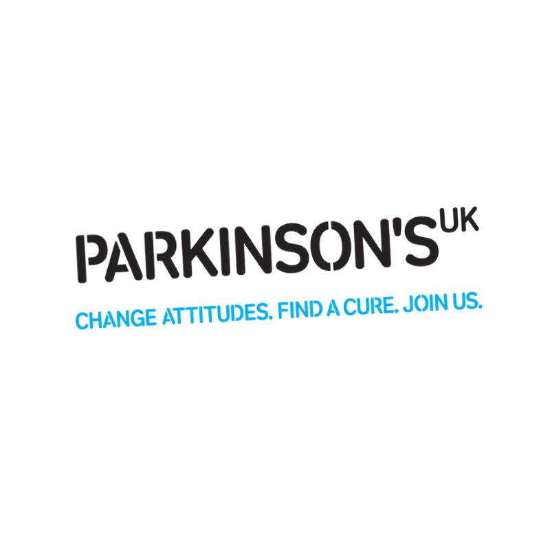 White background and close up of a Parkinson's UK logo with the slogan 'Change attitudes. Find a cure. Join us.' underneath