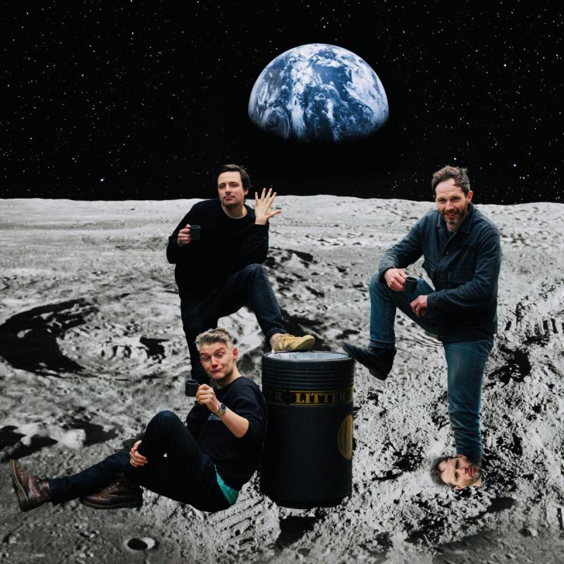 Three men sitting on the moon, gazing at a large earth in the background. A surreal scene of space exploration and wonder.