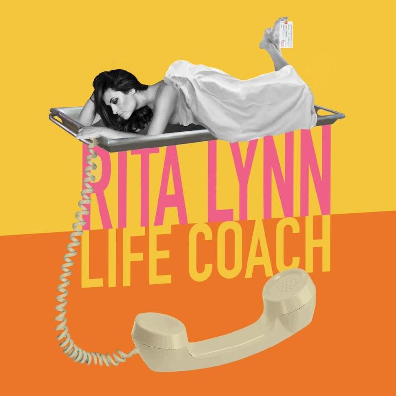 Image of a woman lying on a bunk bed with "Rita Lynn Life Coach" written in large letters over a yellow and orange background, with a corded phone in the foreground.