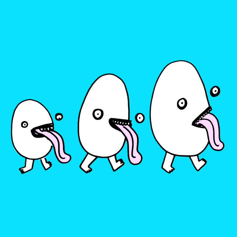 Three eggs with tongues out walking in a line. A playful and adorable image of eggs showing their mischievous side.
