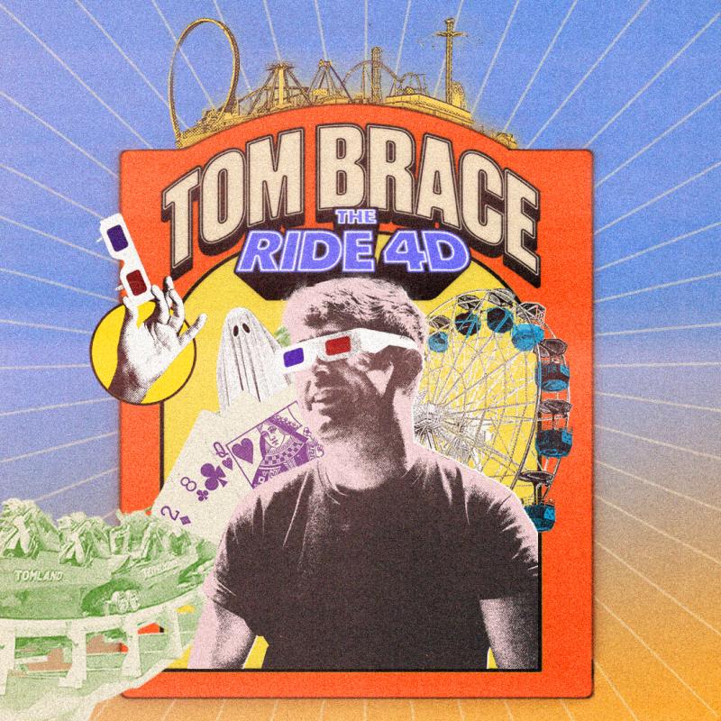 A colourful image shows tom brace wearing 3D glasses underneath the title "Tom Brace The Ride 4D". There is a ghost, ferris wheel, set of cards and a rollercoaster in the distance behind him.