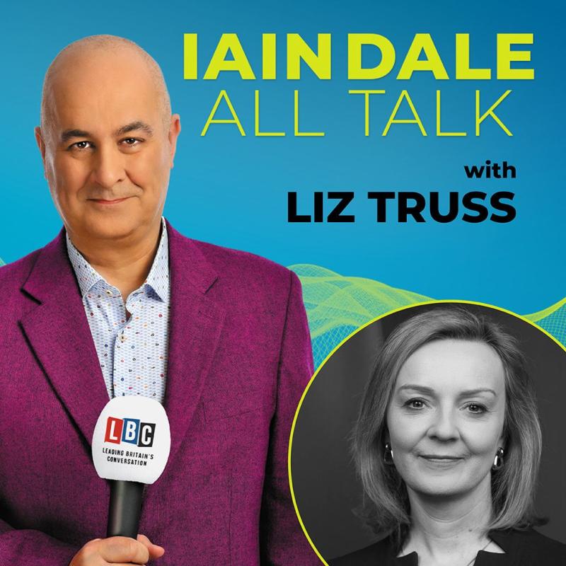 Iain Dale wears a purple suit and looks into the camera, holding a mic. In the bottom right, there is a picture of the guest - Liz Truss