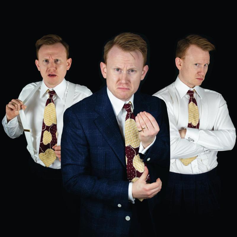 Three men played by the same person in suits and ties