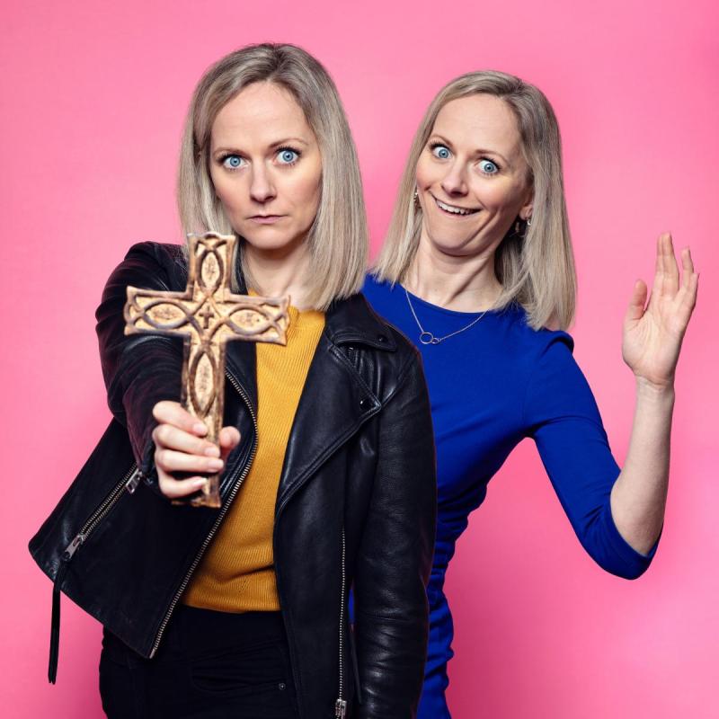 Same woman in two different forms. One holding cross and one dressed like Liz Truss in blue dress waving