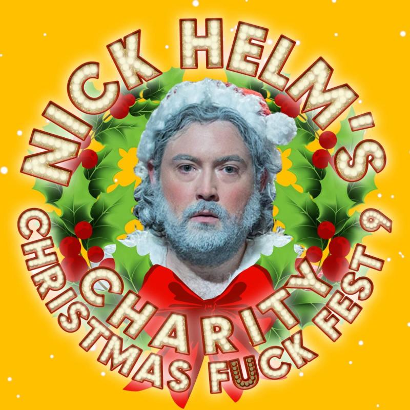 Nick Helm wearing a Father Christmas hat and dyed grey beard and hair which looks frosty. He is surrounded by a Christmas wreath  with the show title wrapped around it.