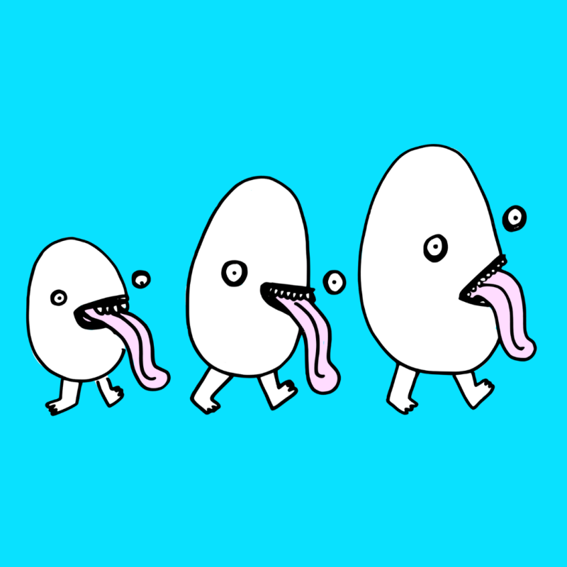 Cartoon drawing of three eggs with feet and tongues against a cyan background