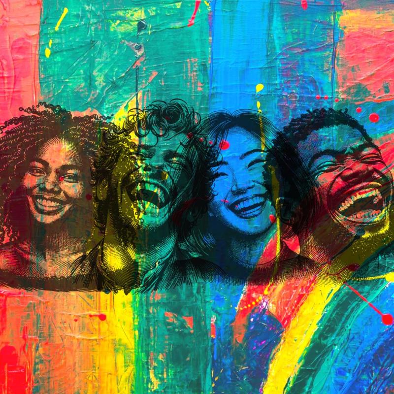 4 faces laughing against a colourful canvas background