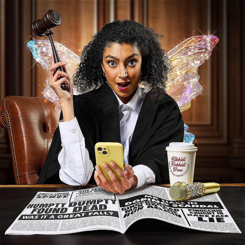 A fairy in a judge's outfit with a gavel in their hand looks with surprise into the camera. They are holding a yellow smartphone in their other hand. On their desk is a gold microphone, a coffee mug and a newspaper. 