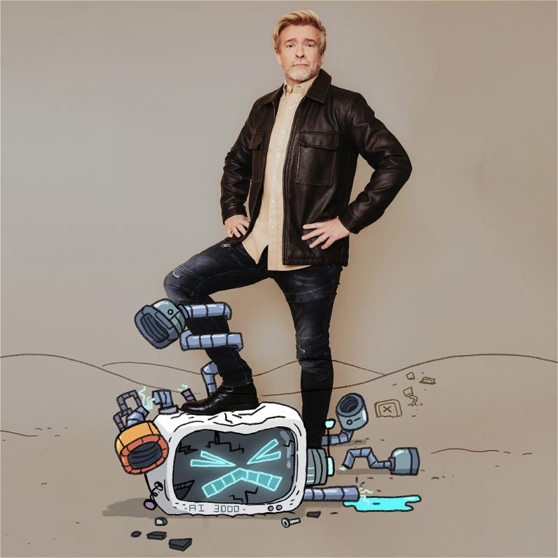 Man in leather jacket with hands on his hip, stands with one leg on a broke cartoon TV, with a sad face. A look of bemusement is on his face. 